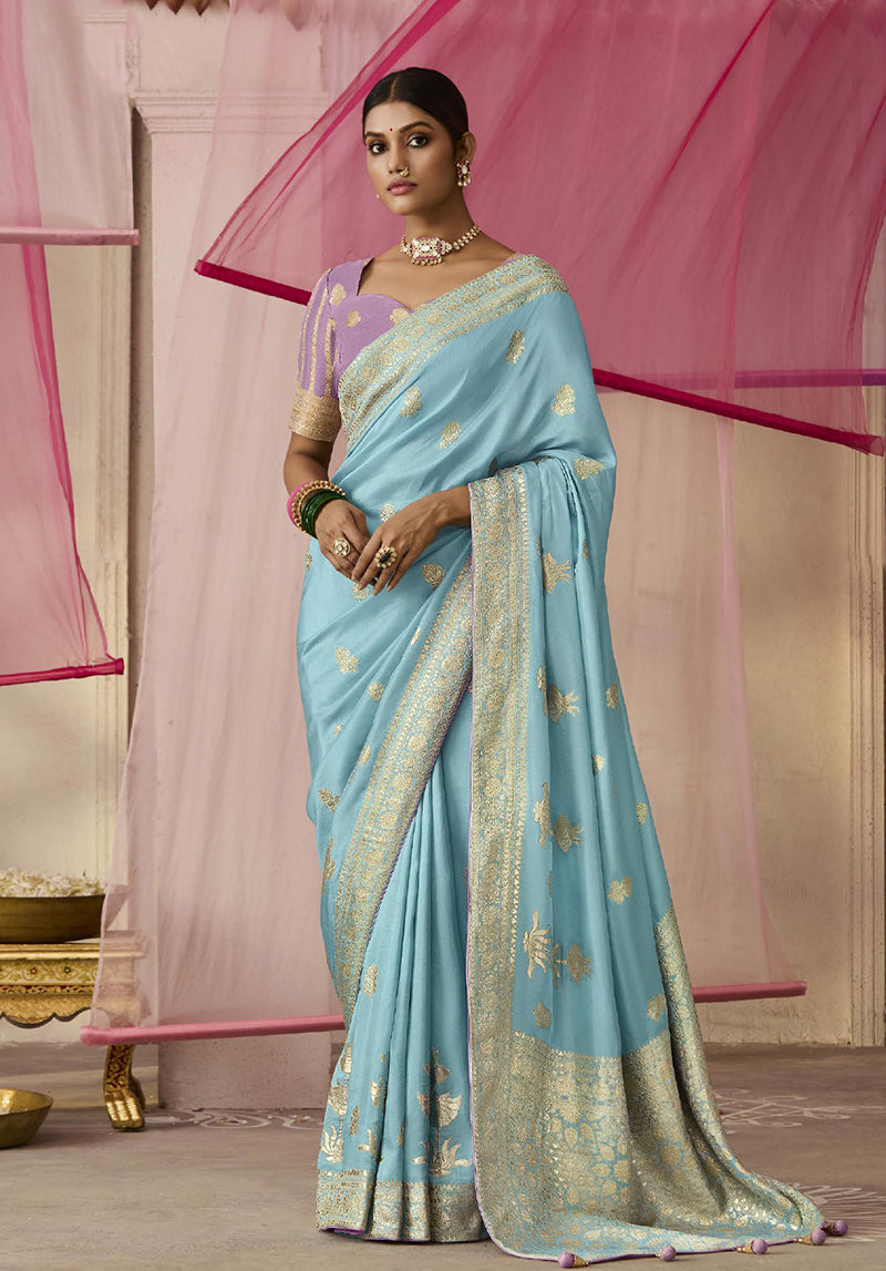 Sky Blue Traditional Zari Woven Dola Viscose Silk Saree