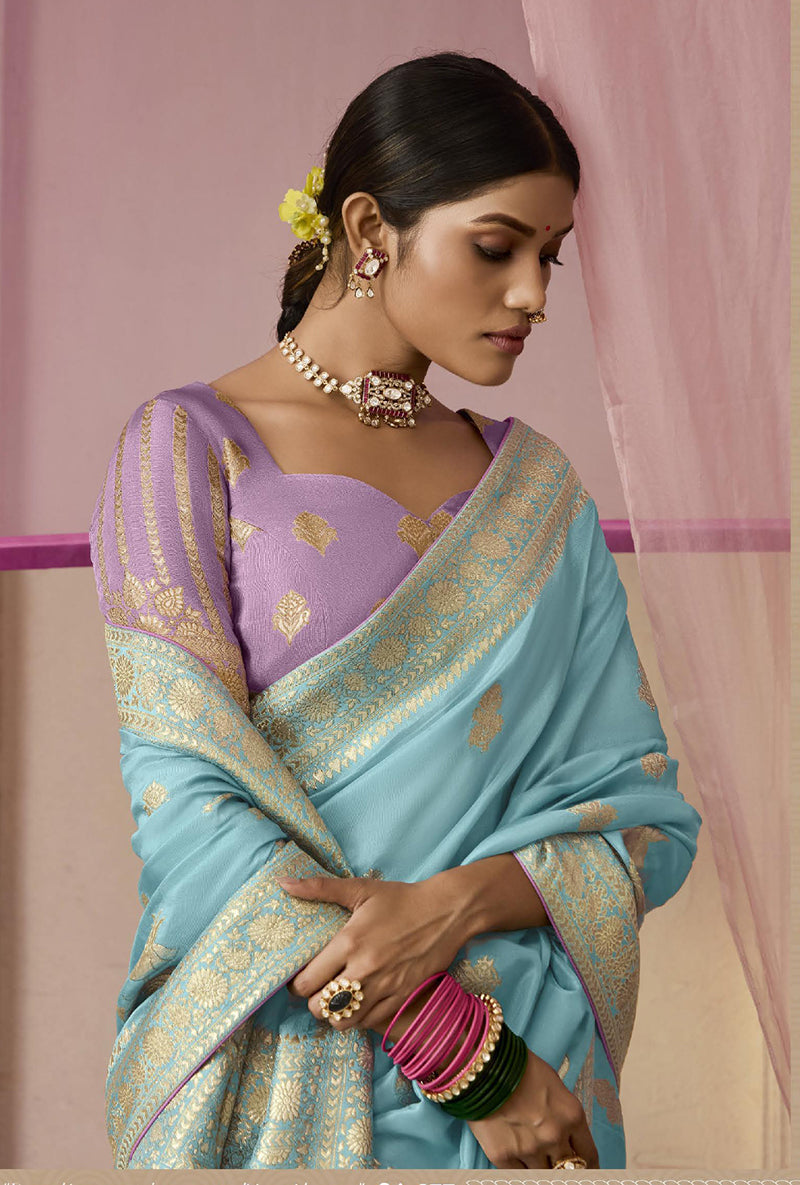 Sky Blue Traditional Zari Woven Dola Viscose Silk Saree