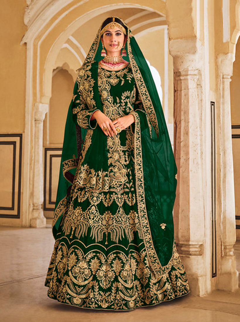 Green Velvet Embroidered Wedding Designer Lehenga Choli