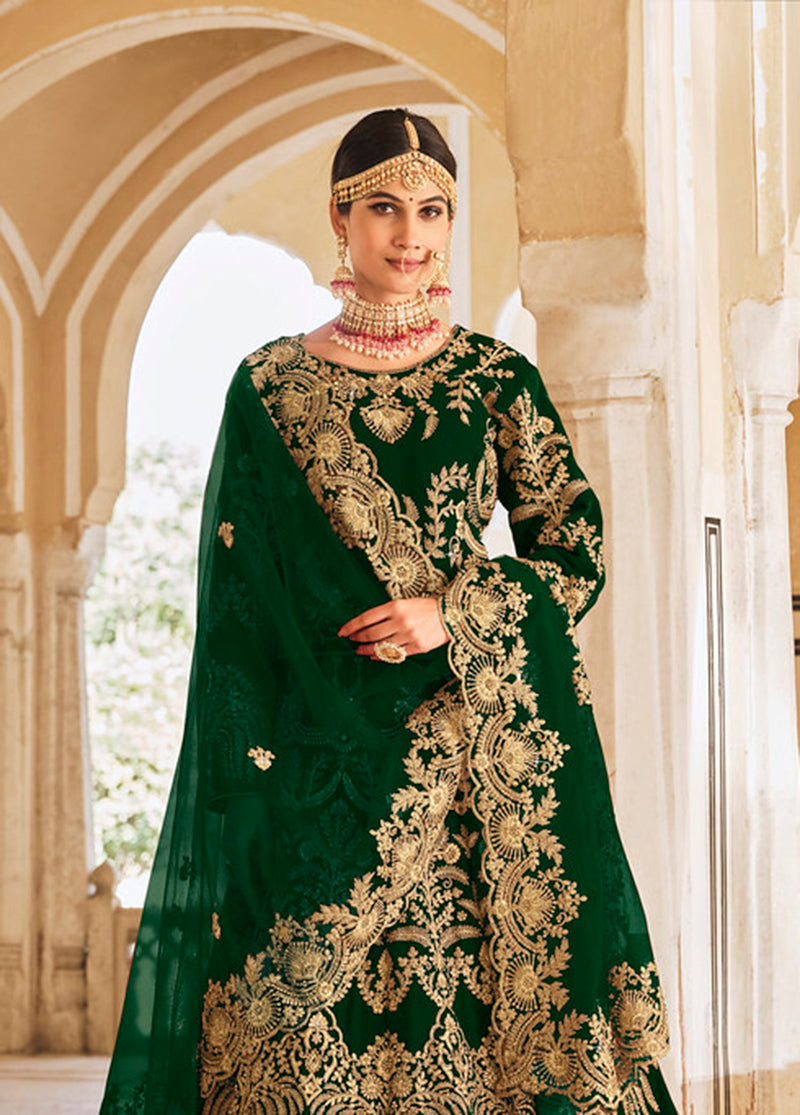 Green Velvet Embroidered Wedding Designer Lehenga Choli