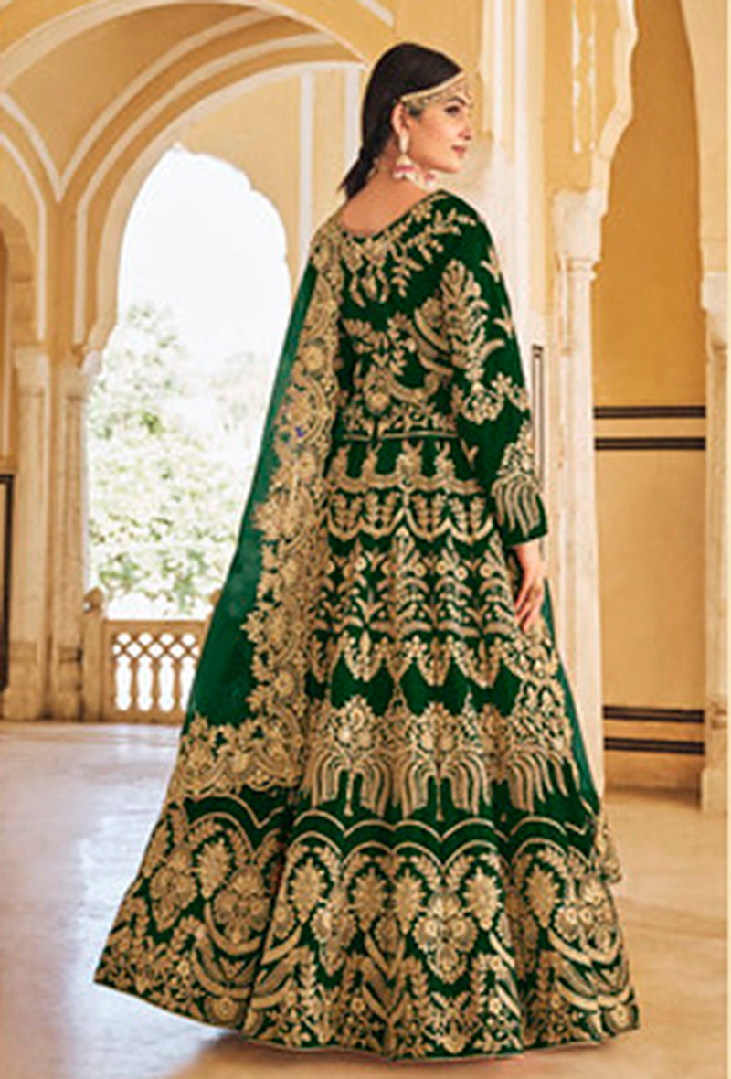 Green Velvet Embroidered Wedding Designer Lehenga Choli