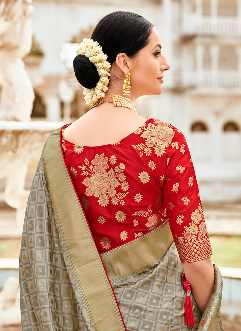 Grey Banarasi Silk Zari Woven Wedding Look Saree
