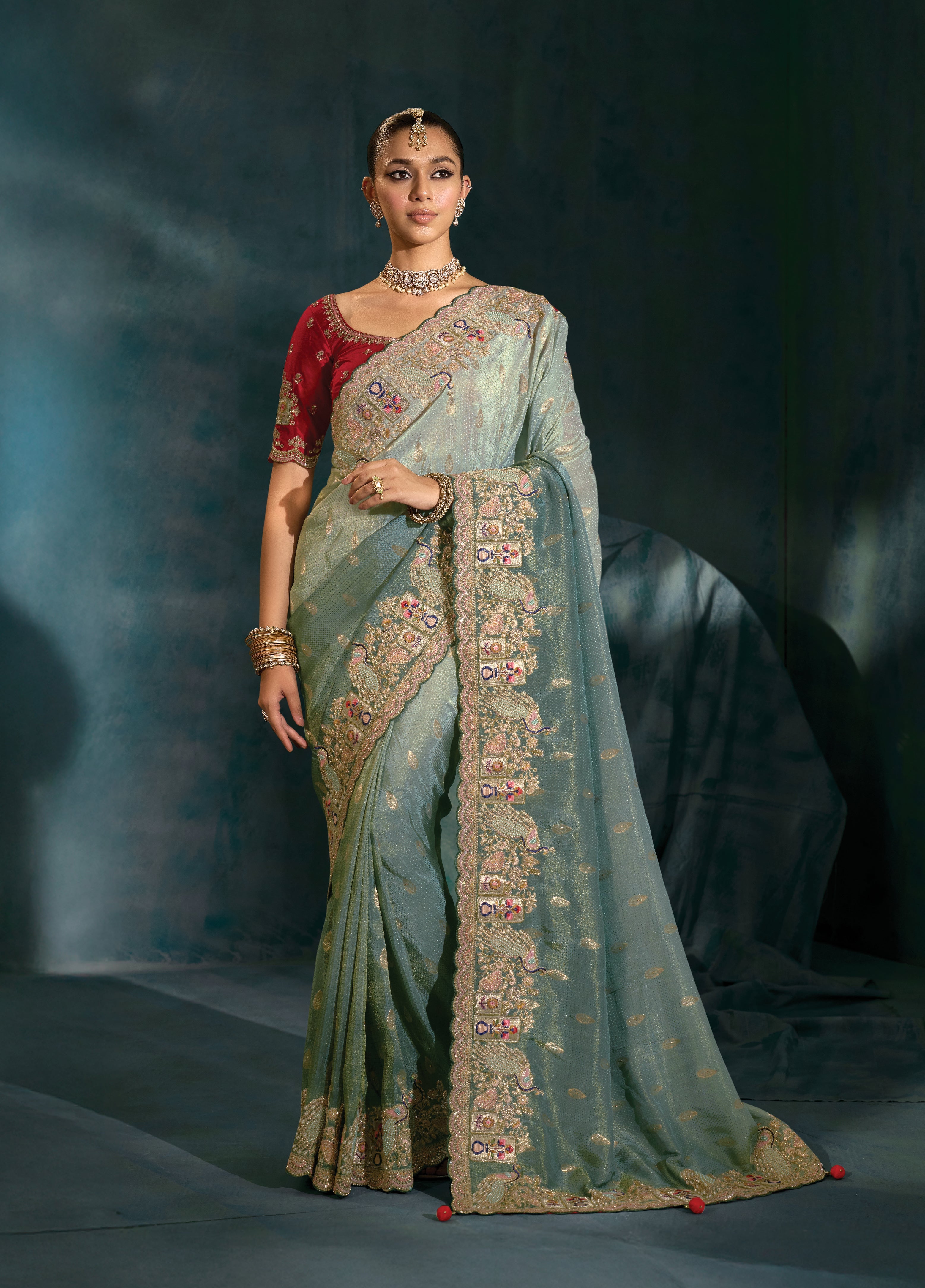 Grey Crepe Beautifull Border Saree With Cutdana Moti Zarkan Work