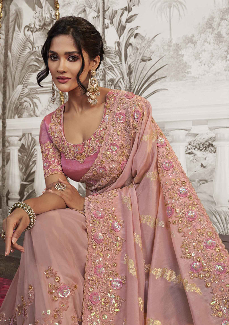 Baby Pink Georgette Viscose Embroidered Sequins Work Saree