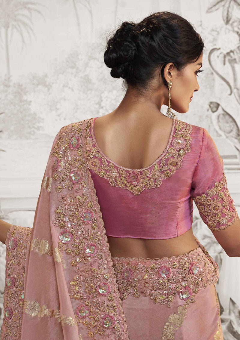 Baby Pink Georgette Viscose Embroidered Sequins Work Saree