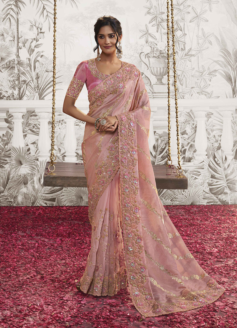 Baby Pink Georgette Viscose Embroidered Sequins Work Saree