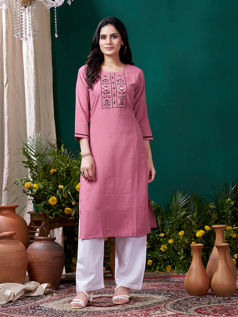 Light Pink Maaza Cotton Handwork with Pocket Causal Kurti
