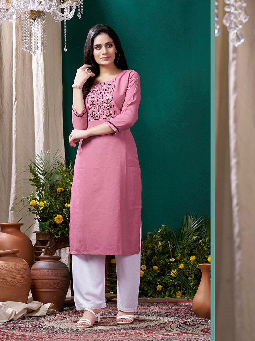 Light Pink Maaza Cotton Handwork with Pocket Causal Kurti