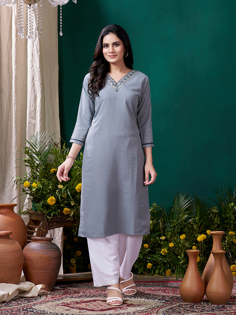 Grey Maaza Cotton Handwork with Pocket Causal Kurti