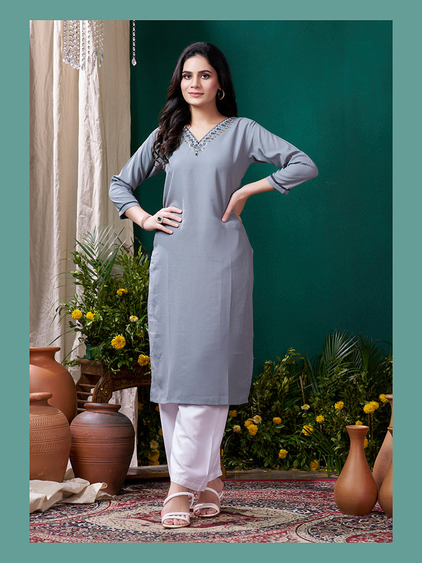 Grey Maaza Cotton Handwork with Pocket Causal Kurti