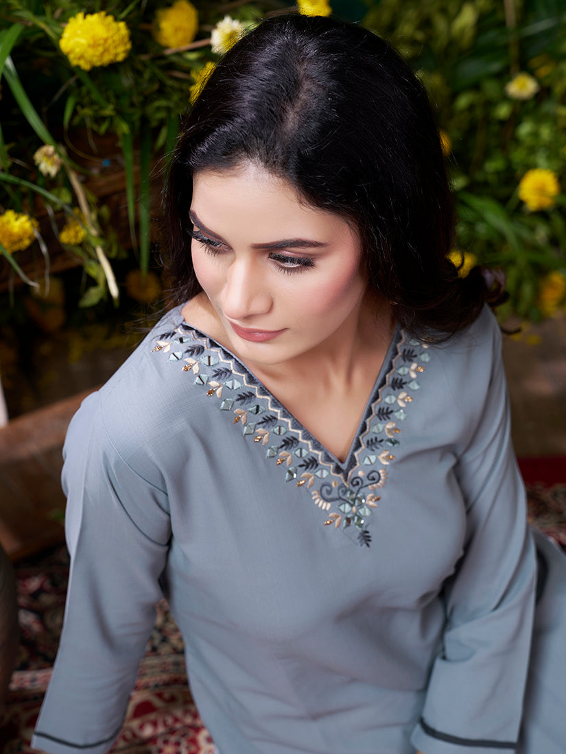 Grey Maaza Cotton Handwork with Pocket Causal Kurti