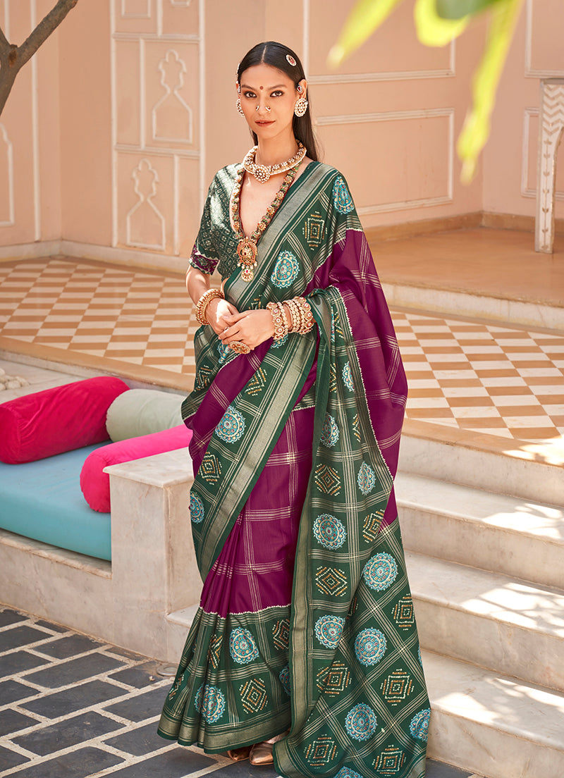 Purple & Green Silk Foil Print Patola Saree