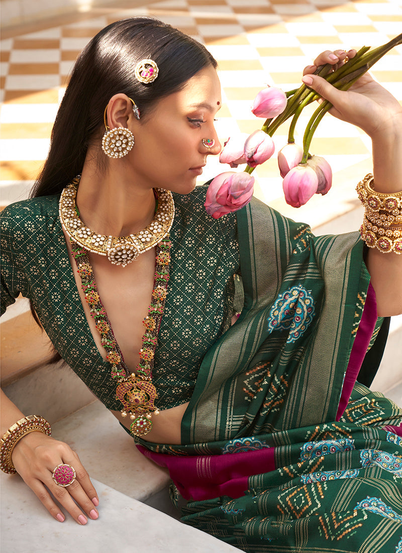 Purple & Green Silk Foil Print Patola Saree