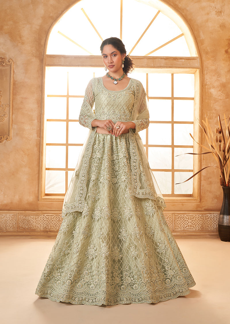 Light Pista Net Embroidered Designer Bridal Lehenga Choli