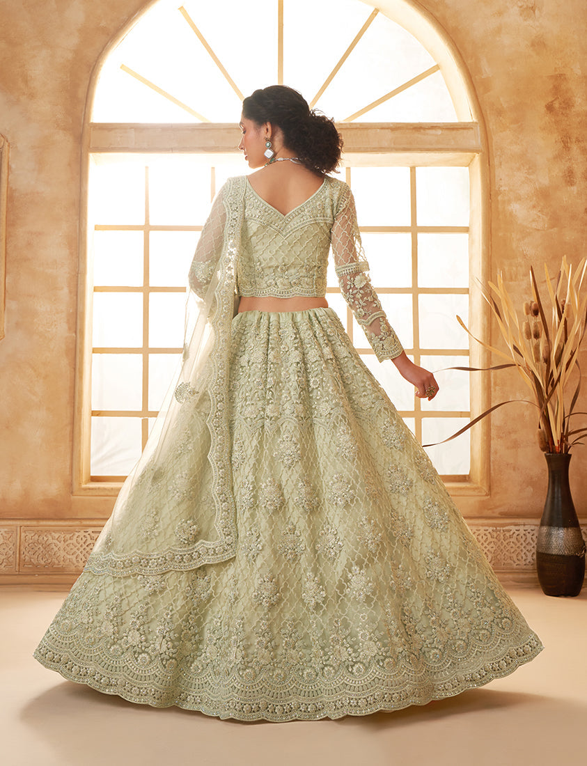 Light Pista Net Embroidered Designer Bridal Lehenga Choli