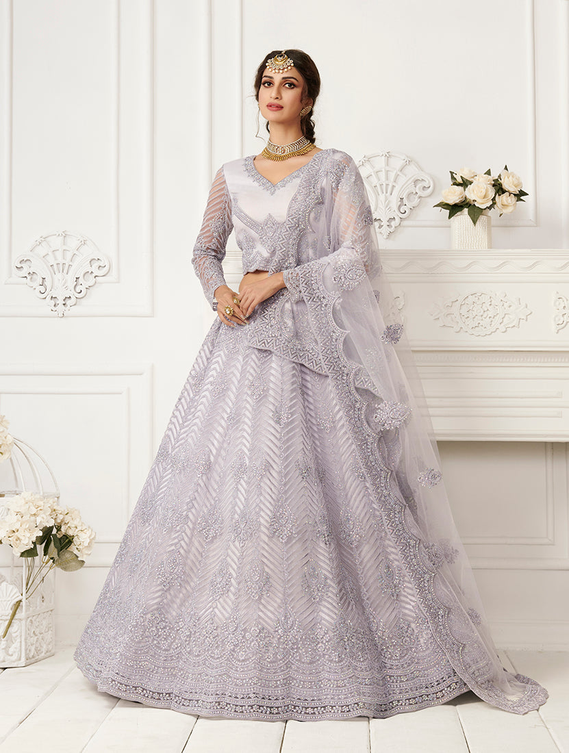 Light Lavender Net Embroidered Designer Party Wear Lehenga Choli