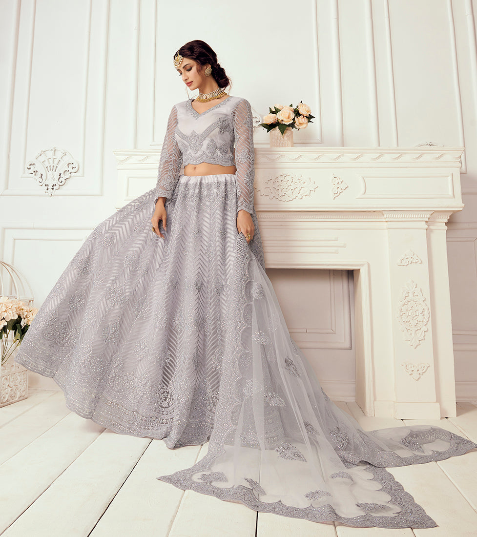 Light Lavender Net Embroidered Designer Party Wear Lehenga Choli
