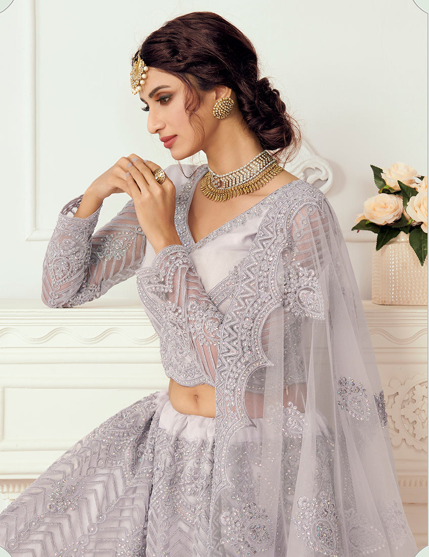 Light Lavender Net Embroidered Designer Party Wear Lehenga Choli