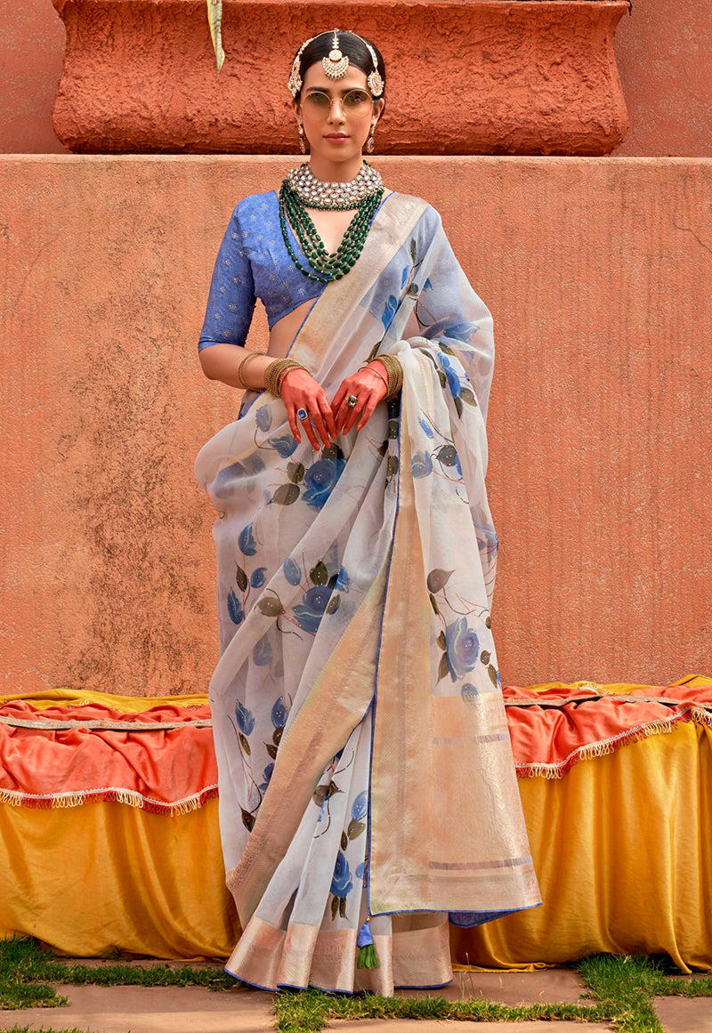 Aqua Blue Organza Digital Print Saree