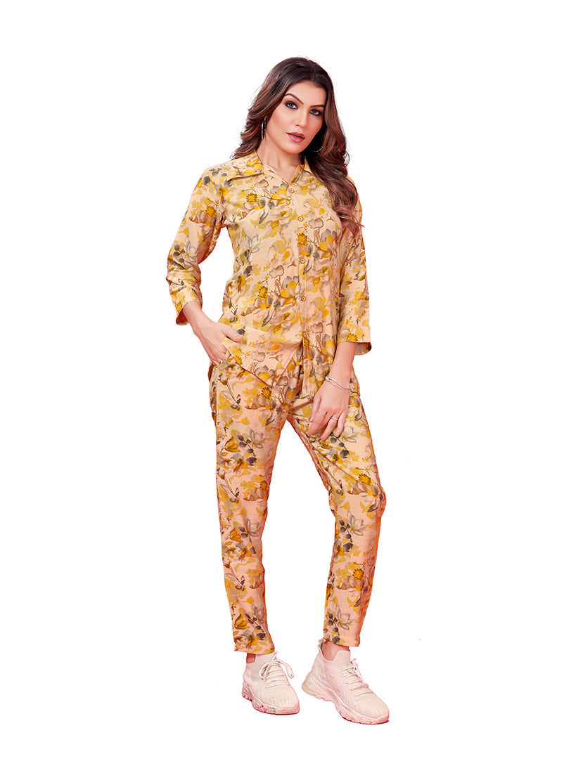 Yellow Floral Printed Rayon Co Ord Set