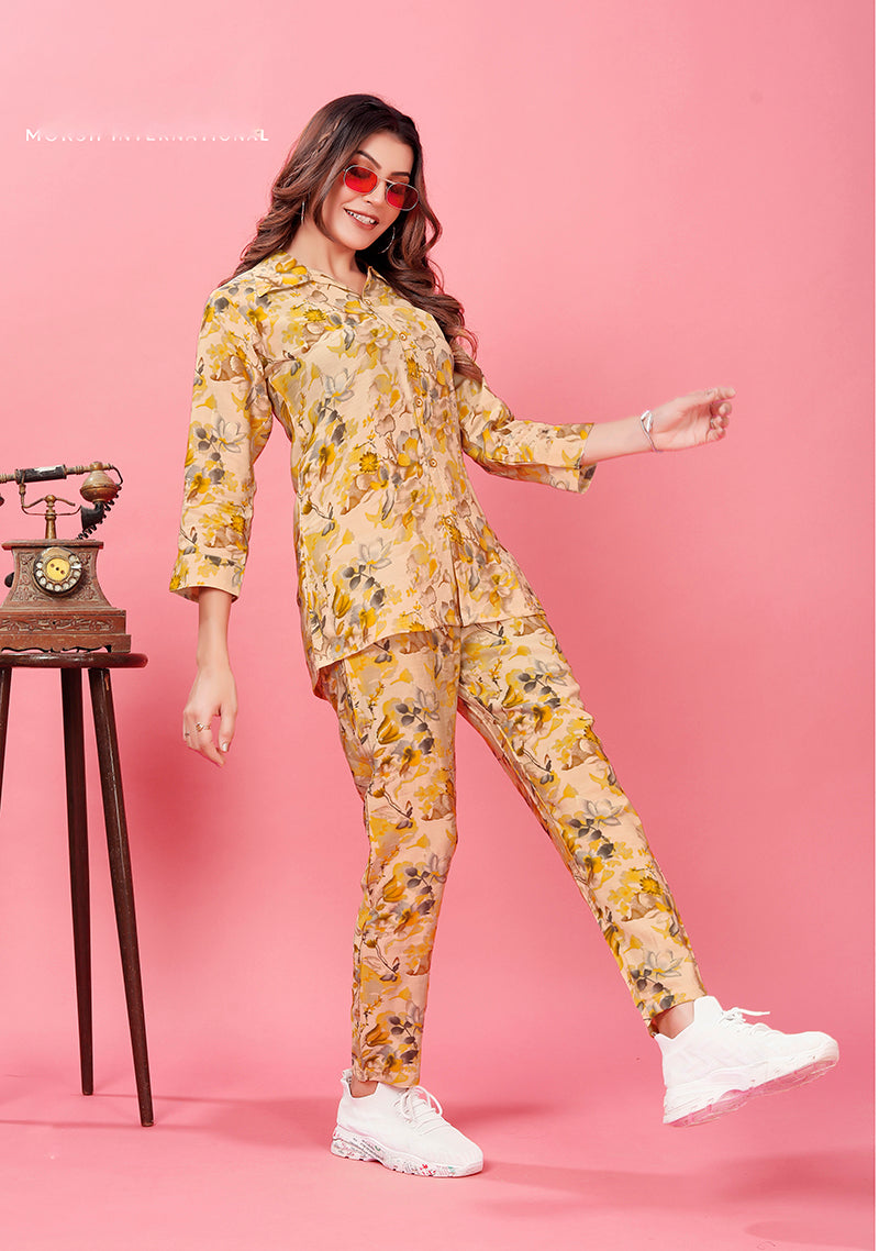 Yellow Floral Printed Rayon Co Ord Set