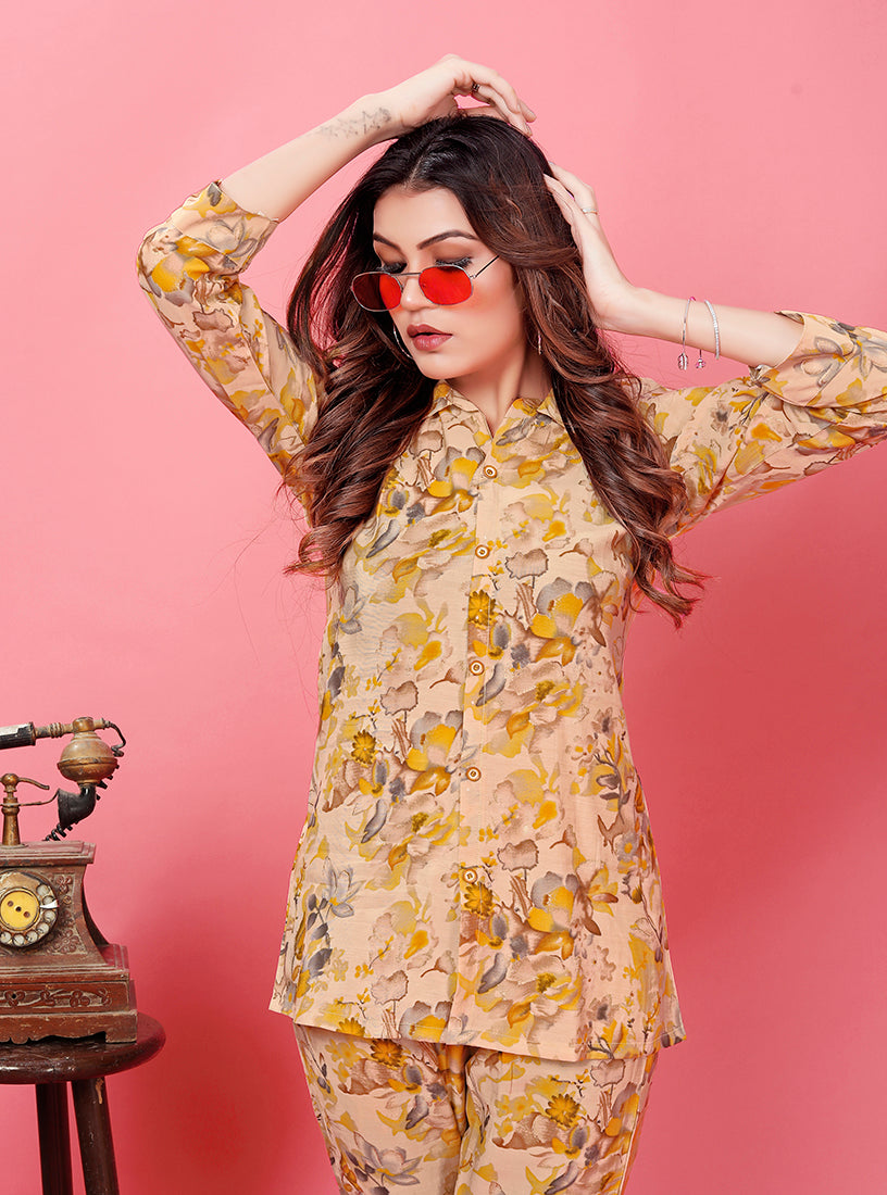 Yellow Floral Printed Rayon Co Ord Set