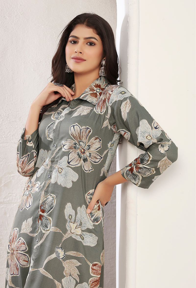 Grey Rayon Floral Print Casual Trendy Co ord Set