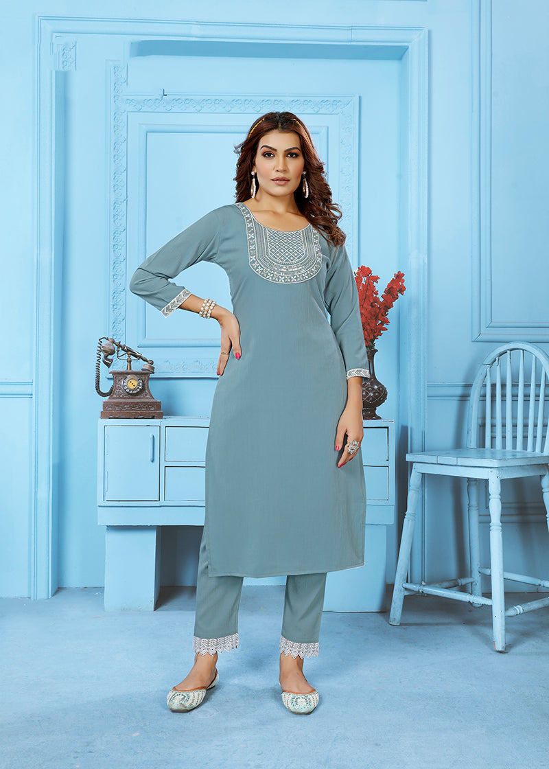 Light Grey Rinkal Cotton with Embroidered Work Kurti With Pant
