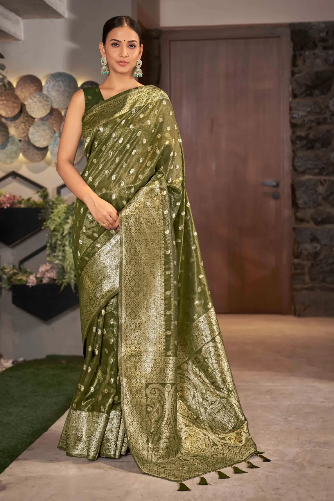 Olive Green Shimmer Silk Woven Work Trending Saree - Monjolika Fashion