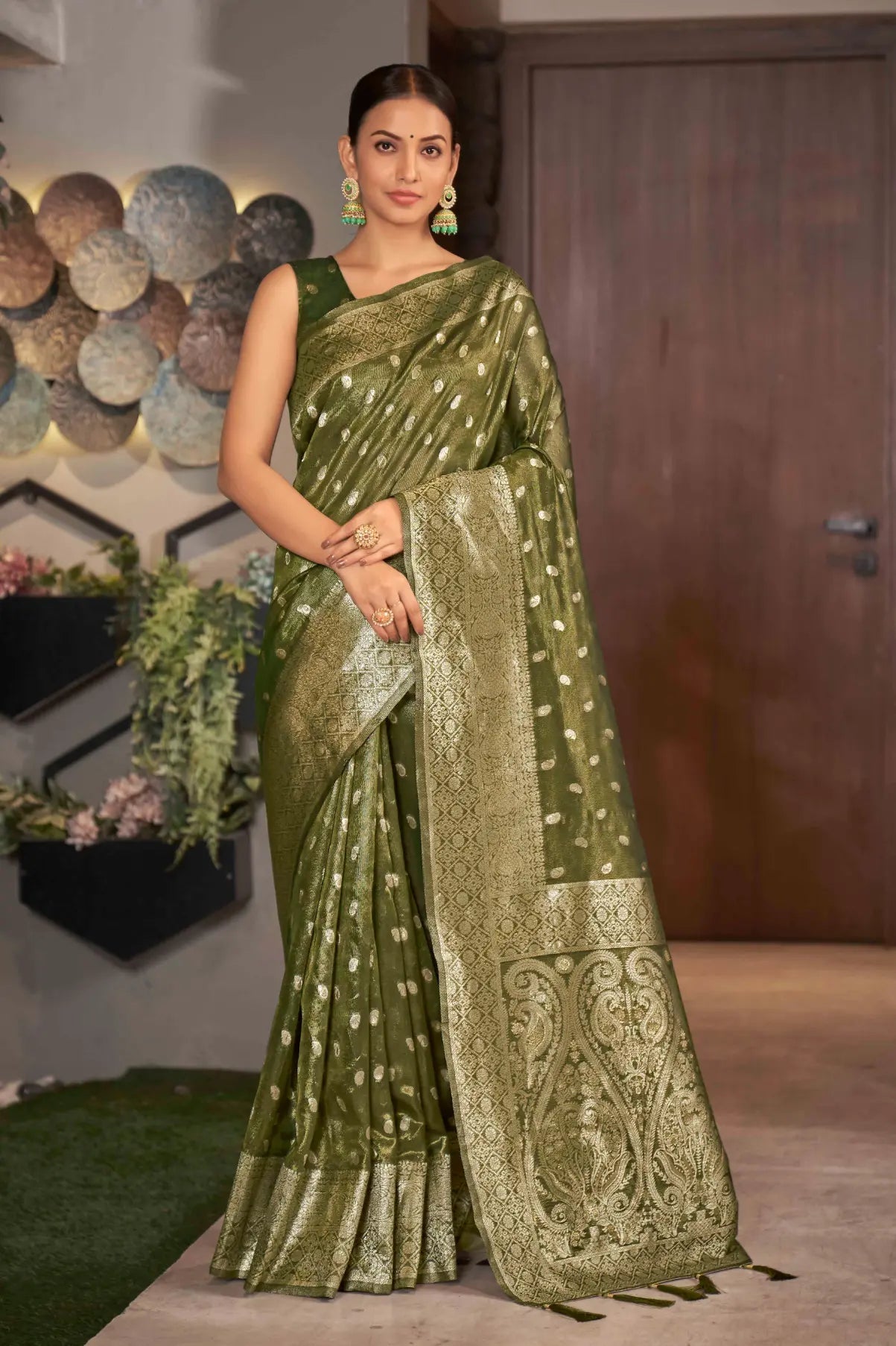 Olive Green Shimmer Silk Woven Work Trending Saree - Monjolika Fashion