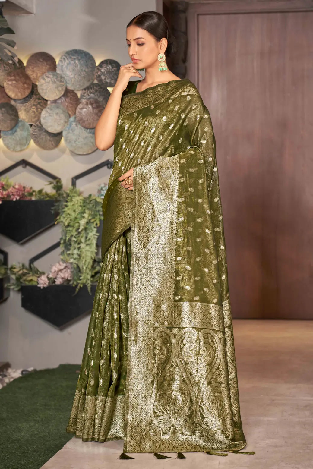 Olive Green Shimmer Silk Woven Work Trending Saree - Monjolika Fashion