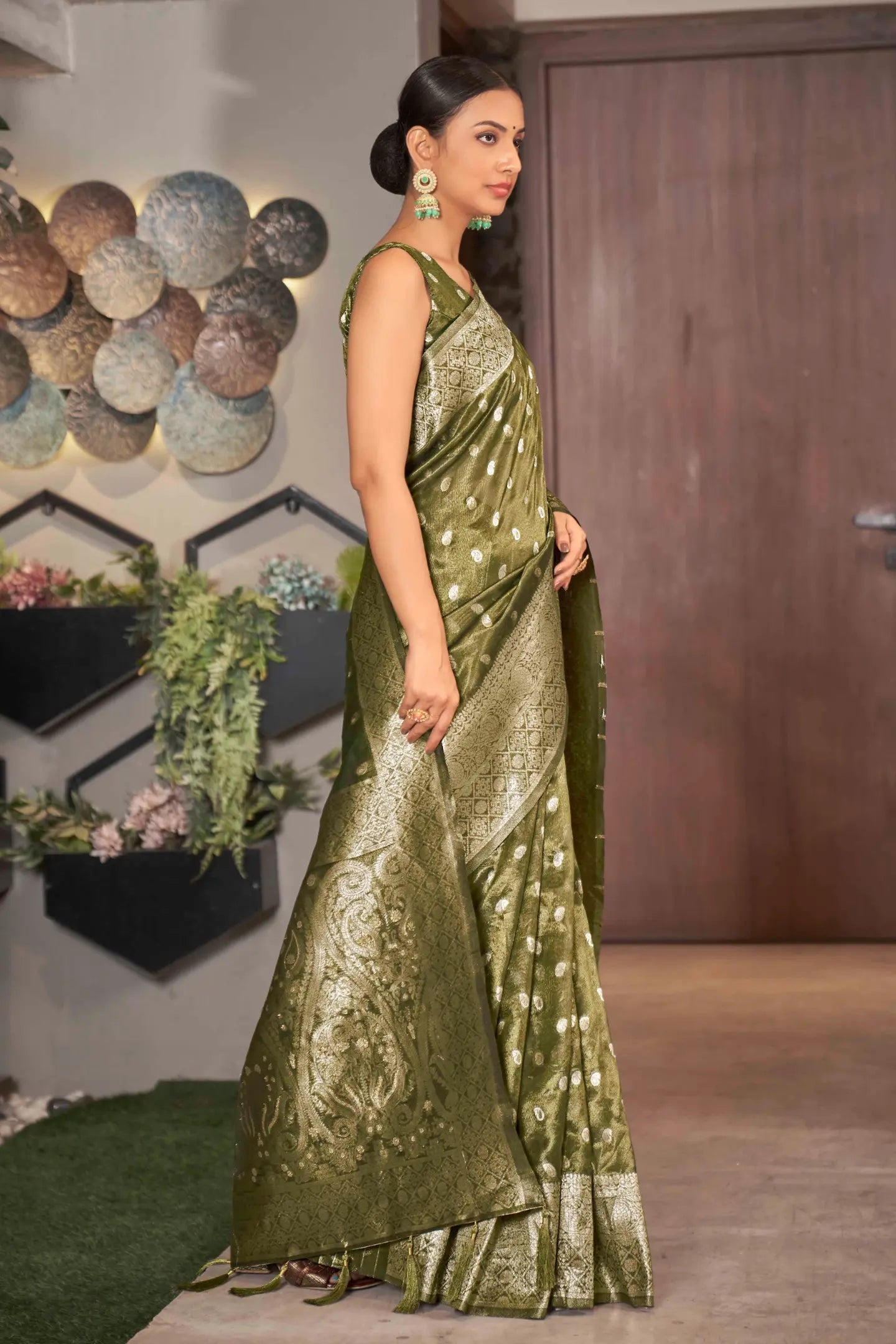 Olive Green Shimmer Silk Woven Work Trending Saree - Monjolika Fashion