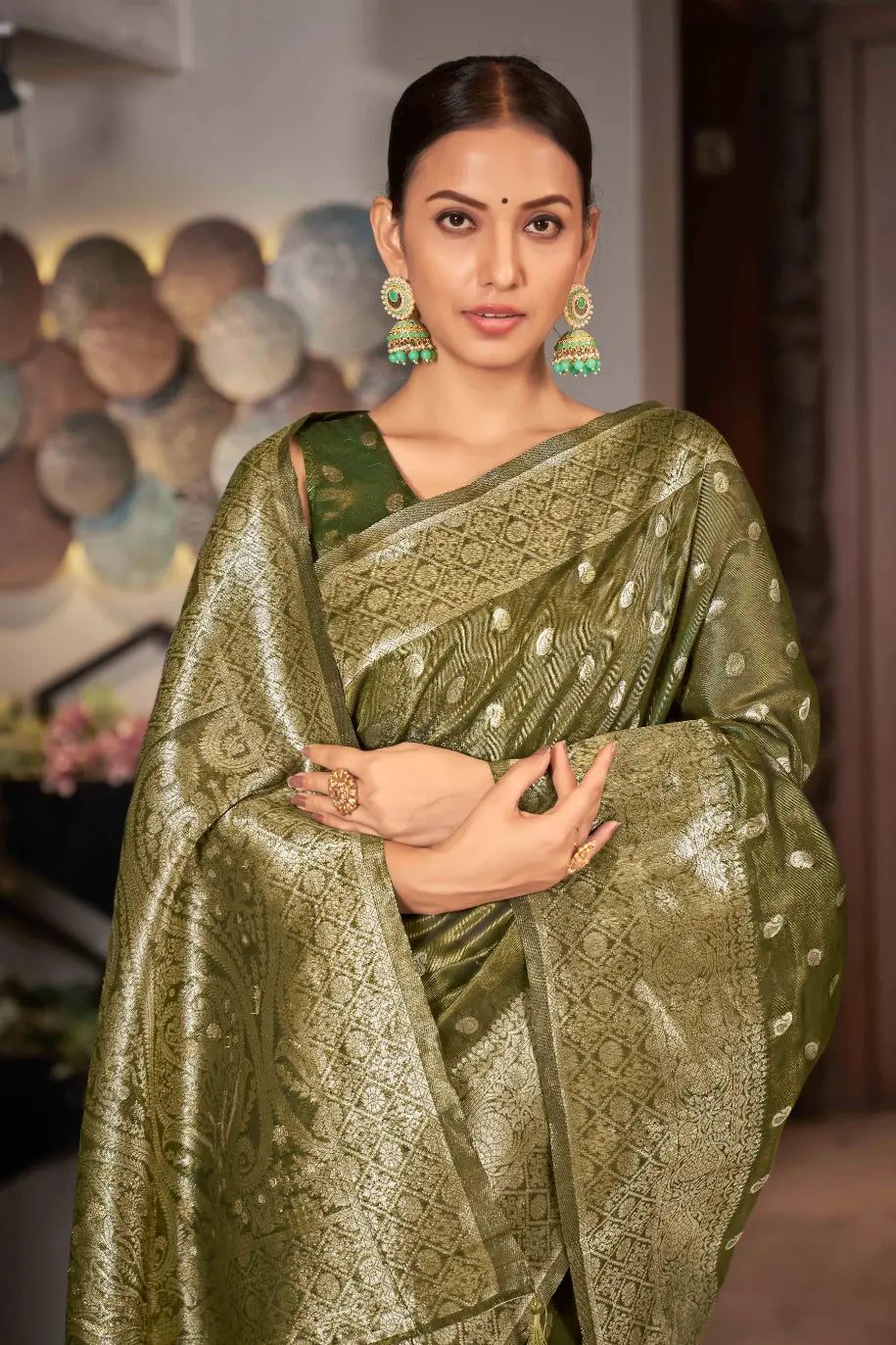 Olive Green Shimmer Silk Woven Work Trending Saree - Monjolika Fashion