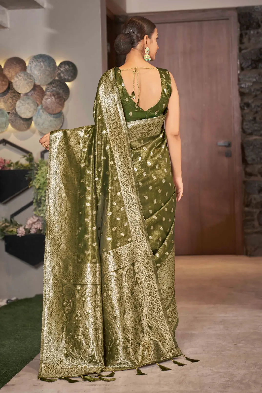 Olive Green Shimmer Silk Woven Work Trending Saree - Monjolika Fashion