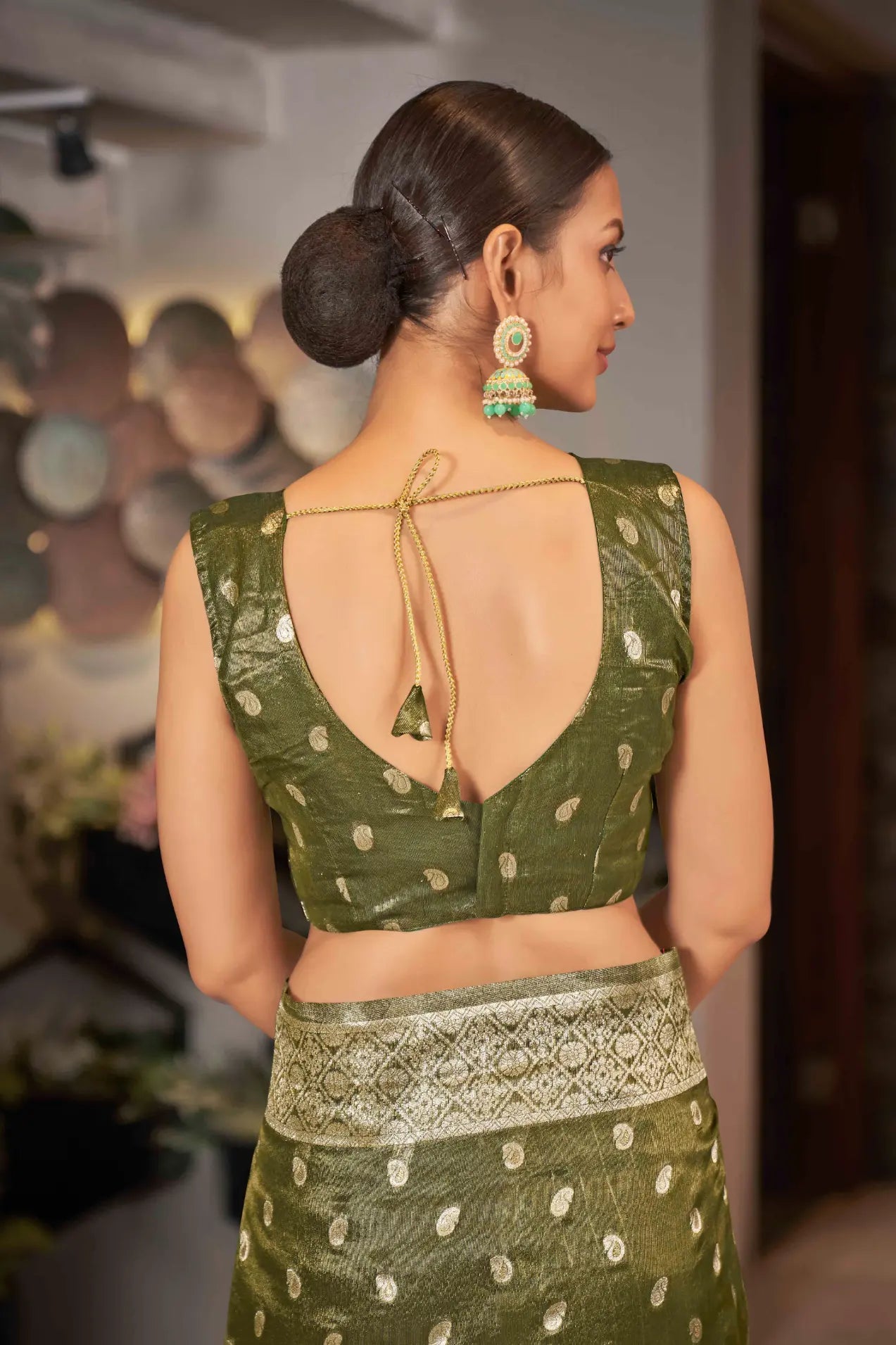 Olive Green Shimmer Silk Woven Work Trending Saree - Monjolika Fashion