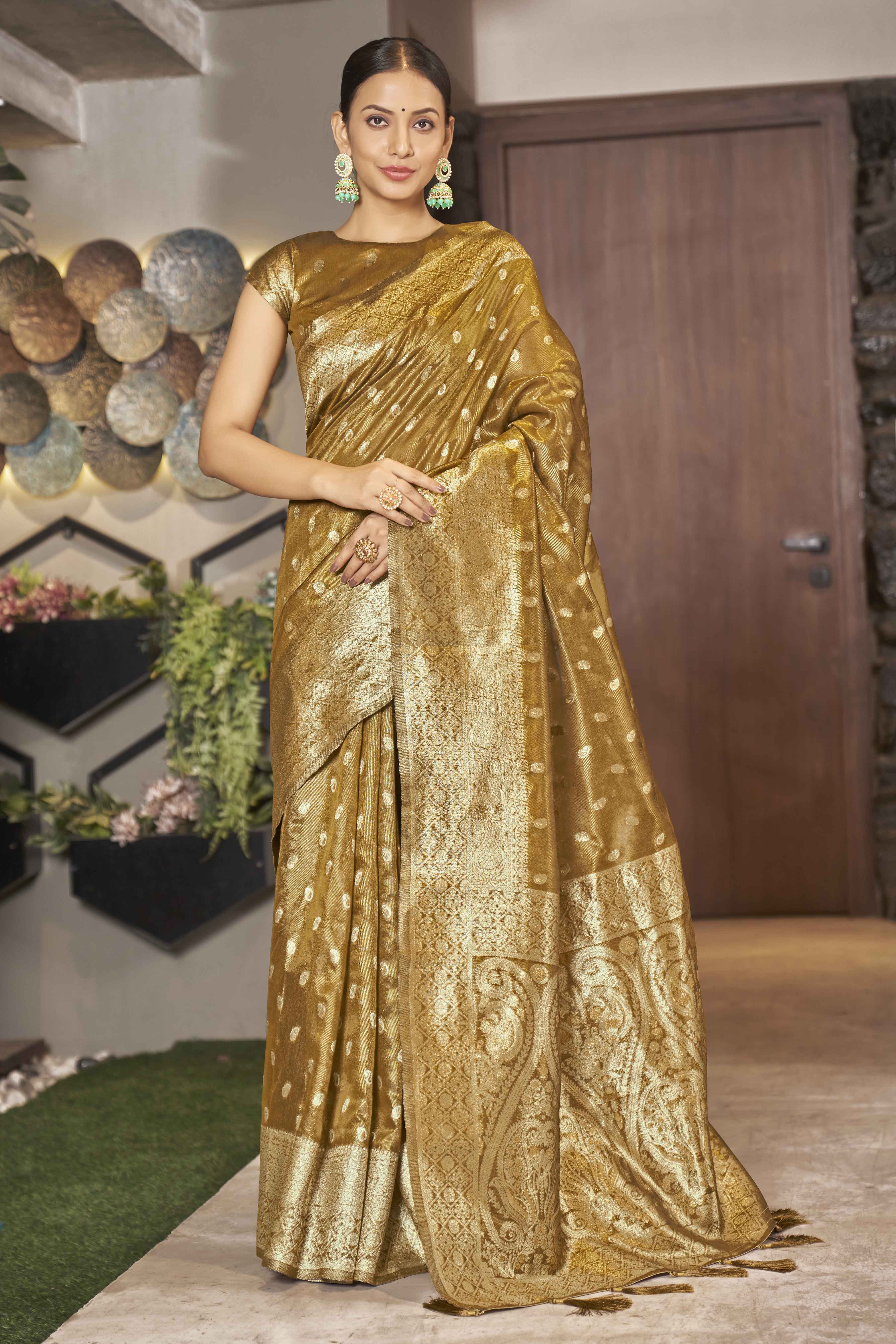 Mustard Shimmer Silk Woven Trending Saree - Monjolika Fashion