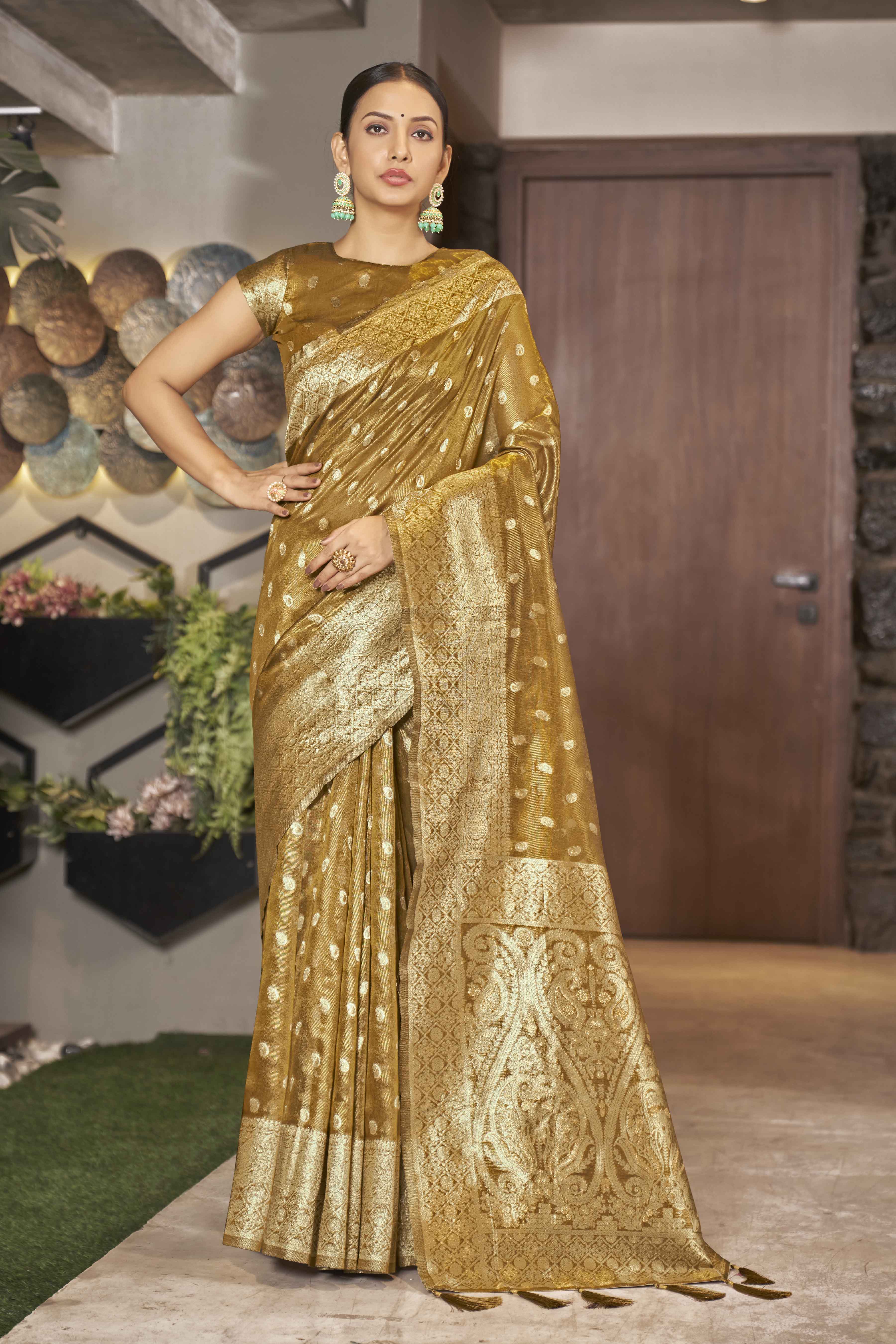 Mustard Shimmer Silk Woven Trending Saree - Monjolika Fashion