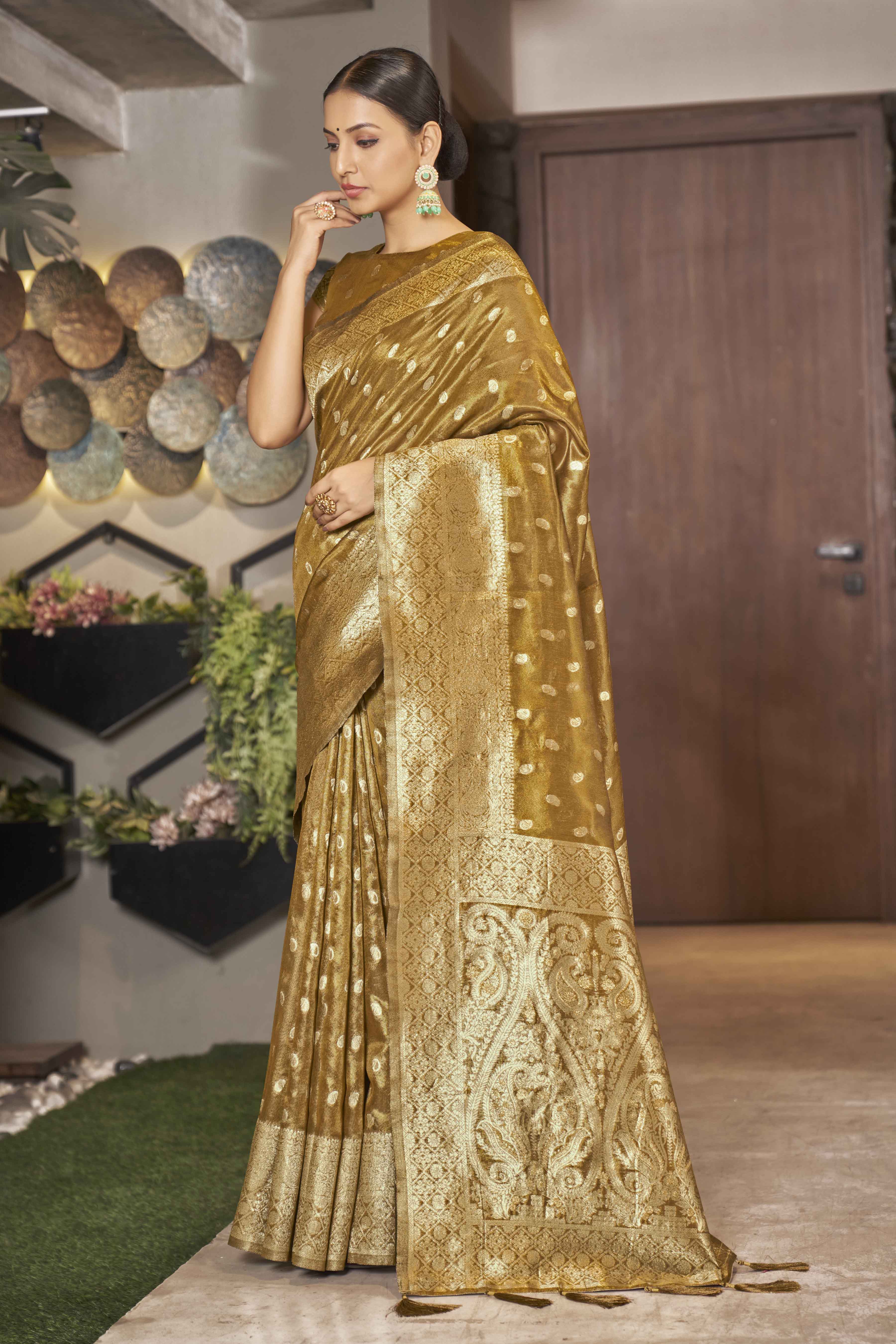 Mustard Shimmer Silk Woven Trending Saree - Monjolika Fashion