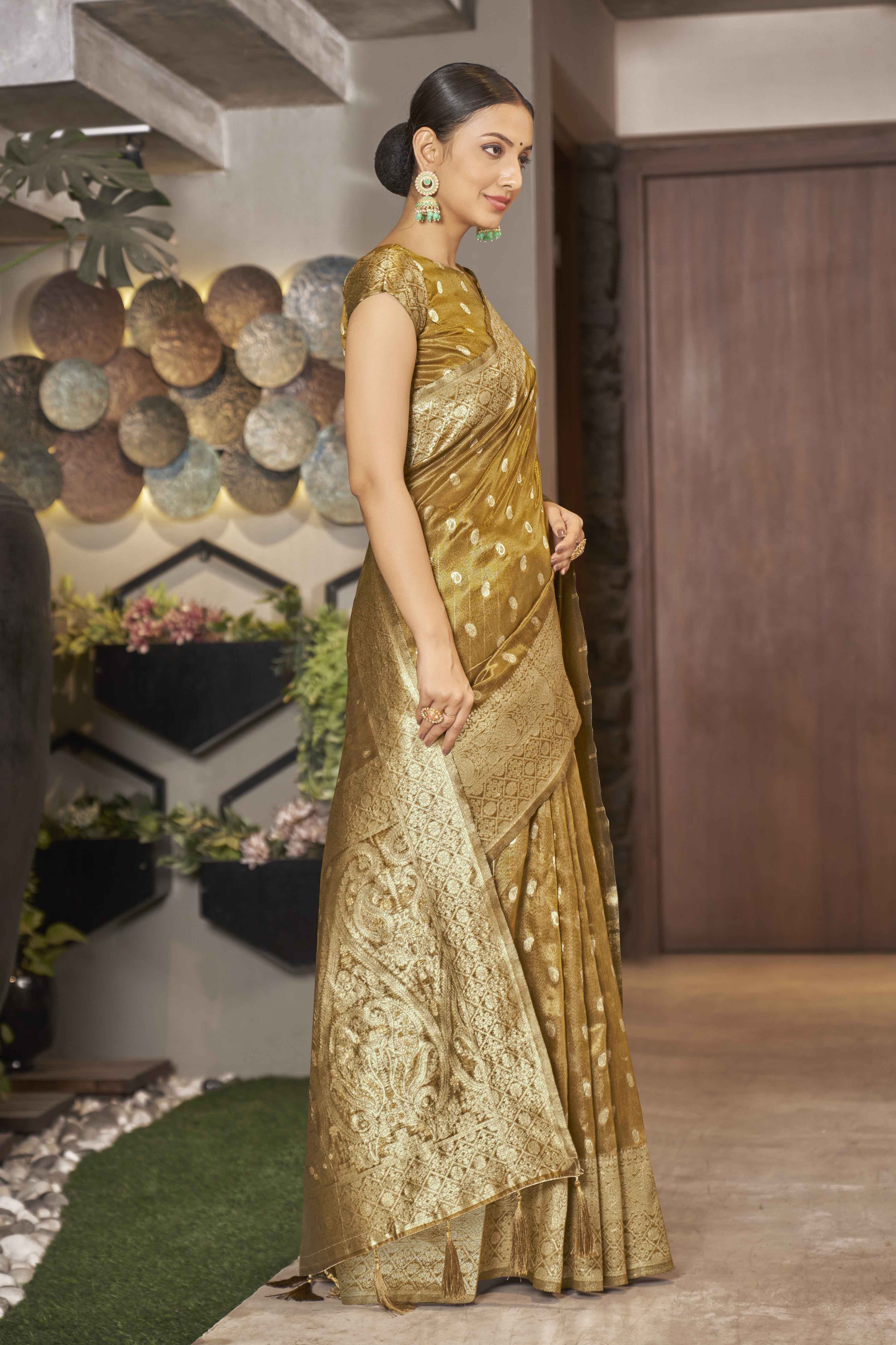 Mustard Shimmer Silk Woven Trending Saree - Monjolika Fashion
