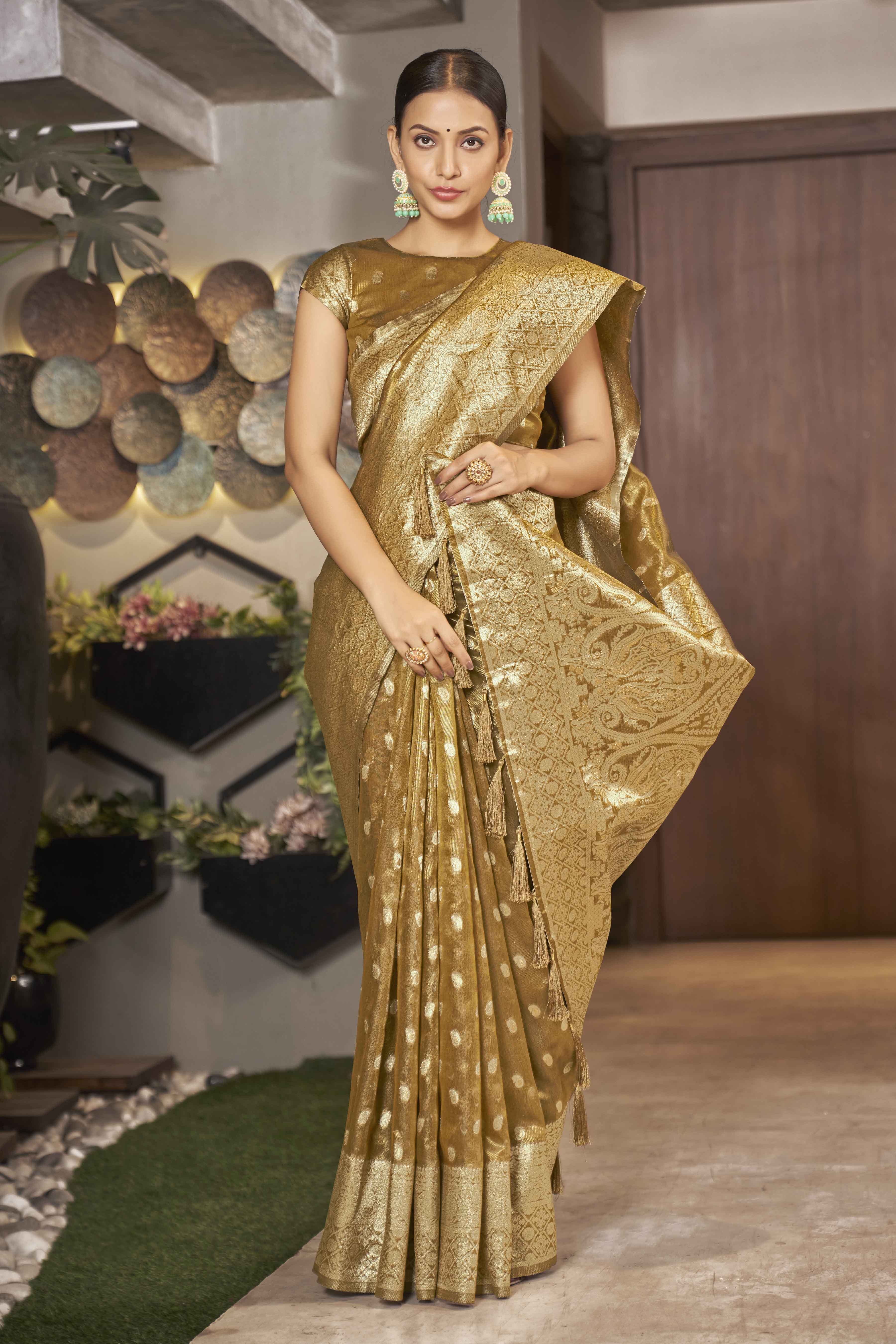 Mustard Shimmer Silk Woven Trending Saree - Monjolika Fashion