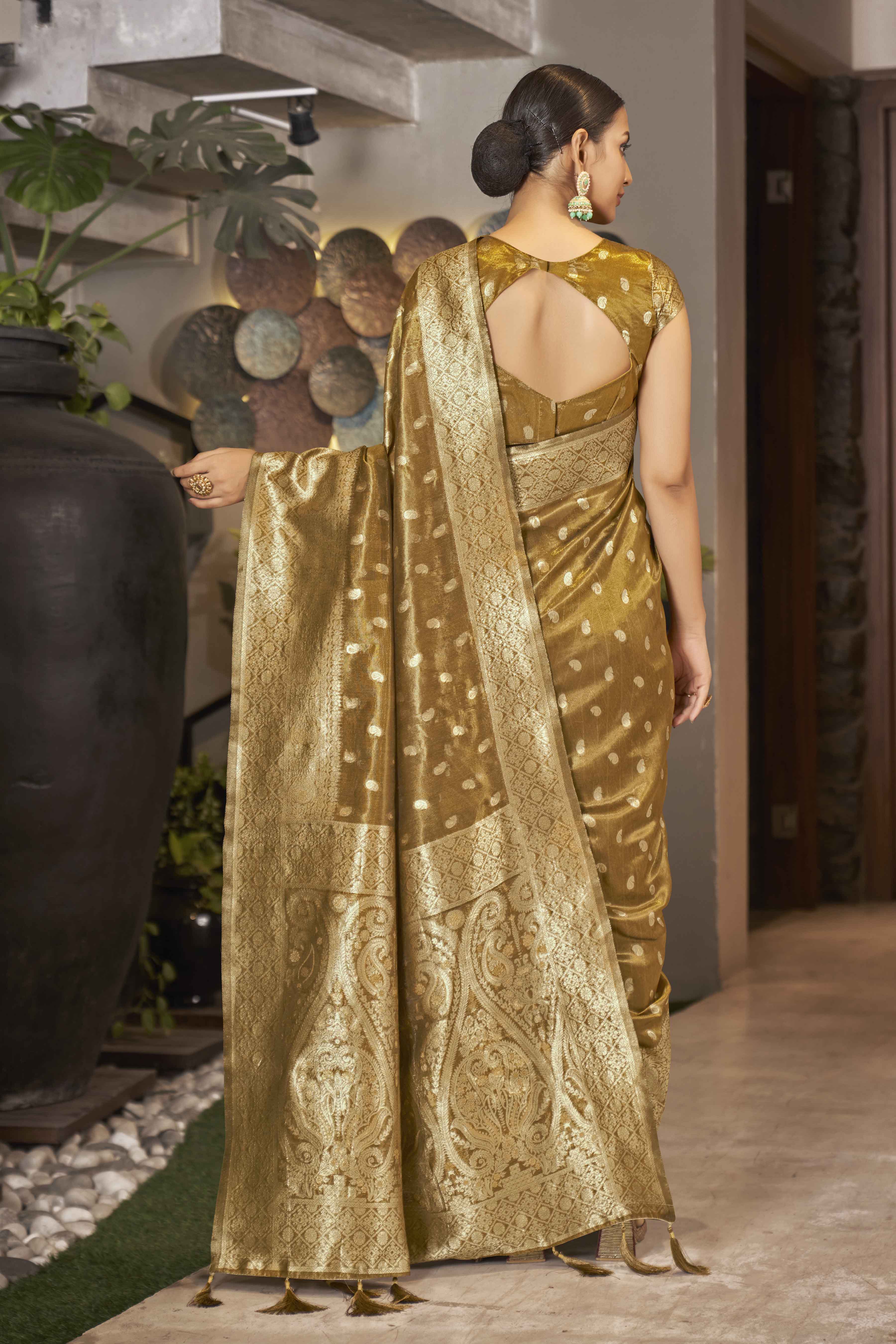 Mustard Shimmer Silk Woven Trending Saree - Monjolika Fashion