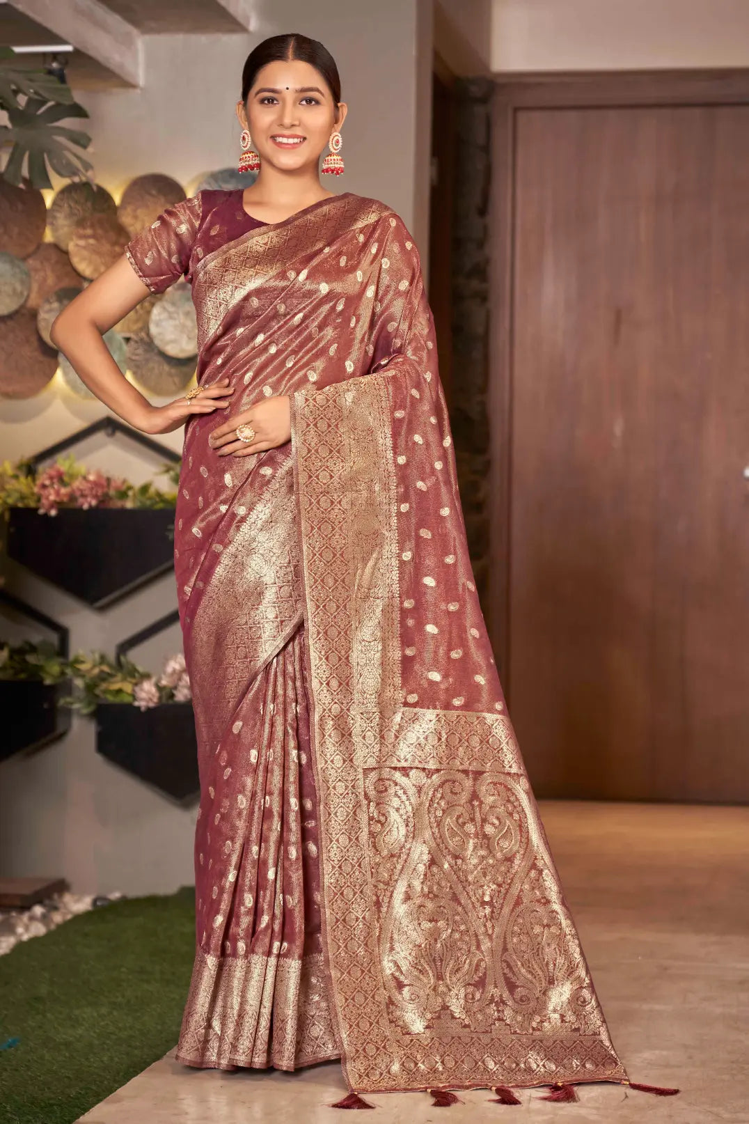 Rust Shimmer Silk Woven Trending Saree - Monjolika Fashion