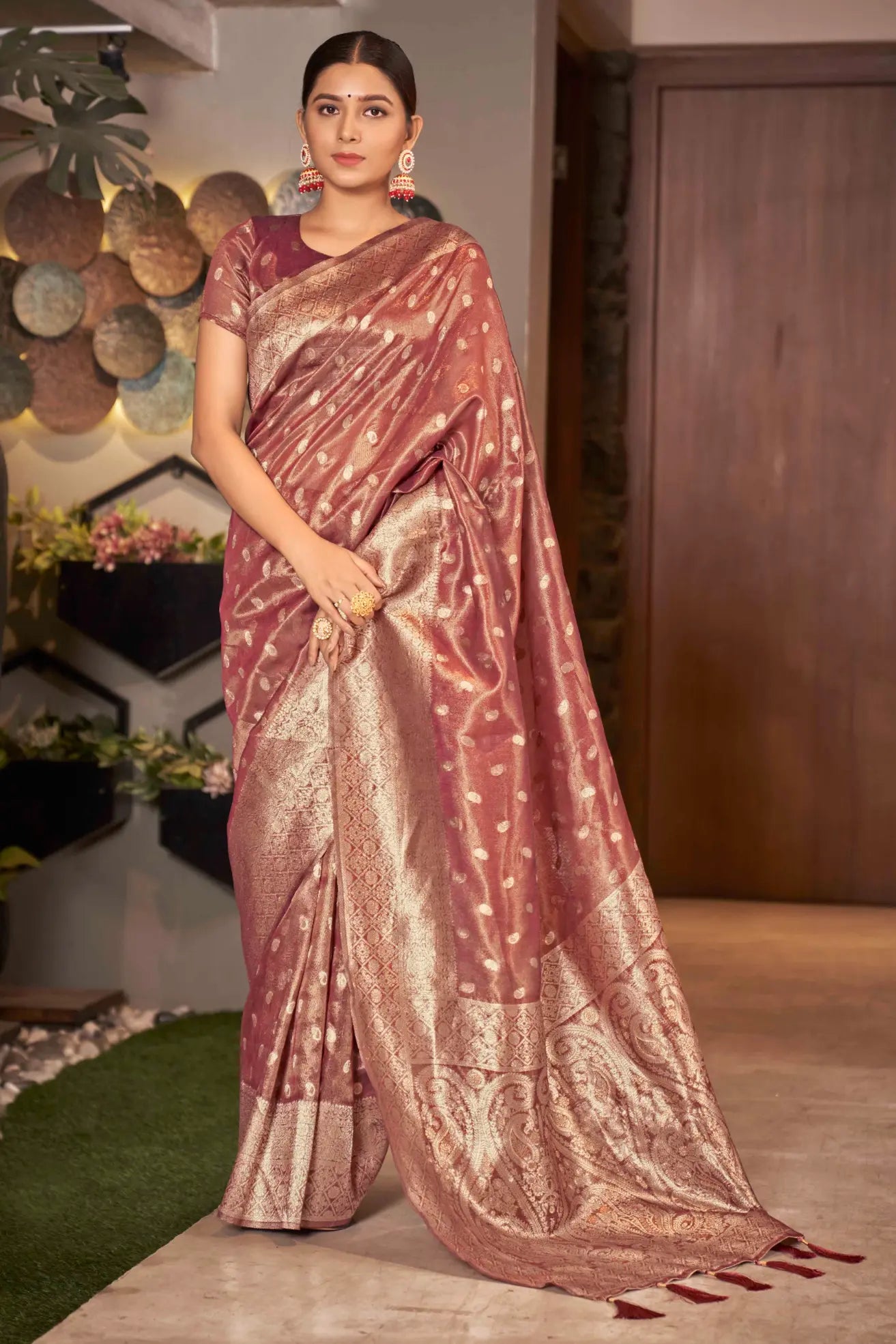 Rust Shimmer Silk Woven Trending Saree - Monjolika Fashion