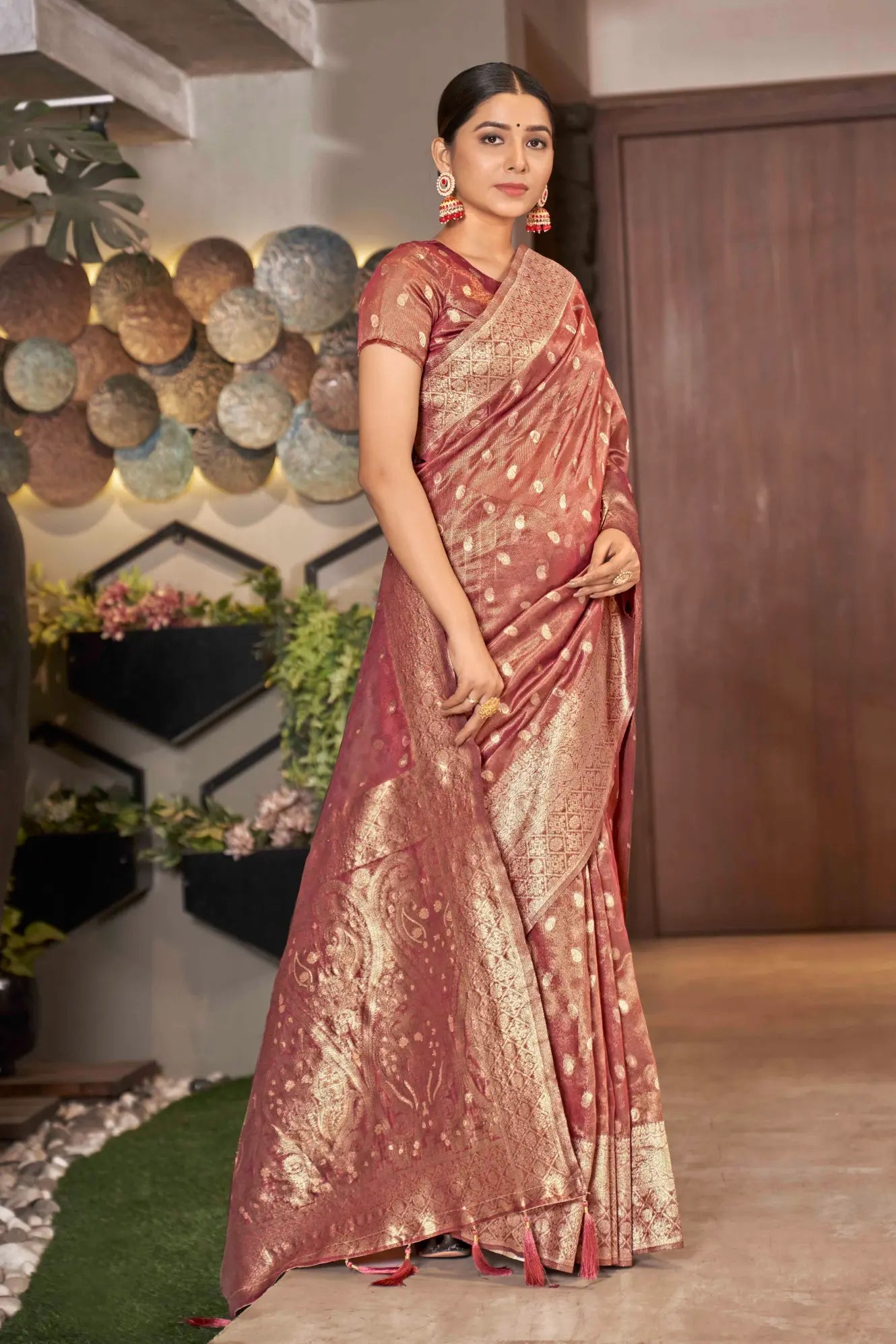Rust Shimmer Silk Woven Trending Saree - Monjolika Fashion