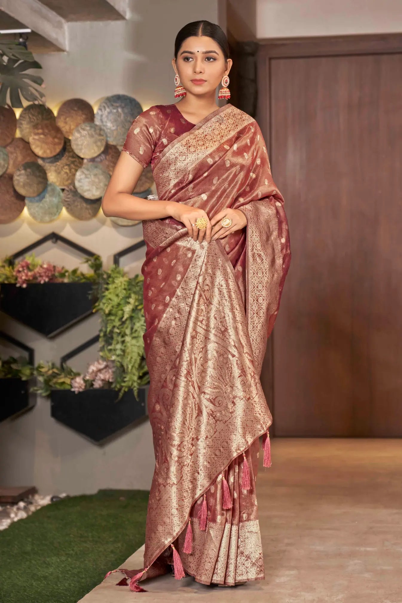 Rust Shimmer Silk Woven Trending Saree - Monjolika Fashion