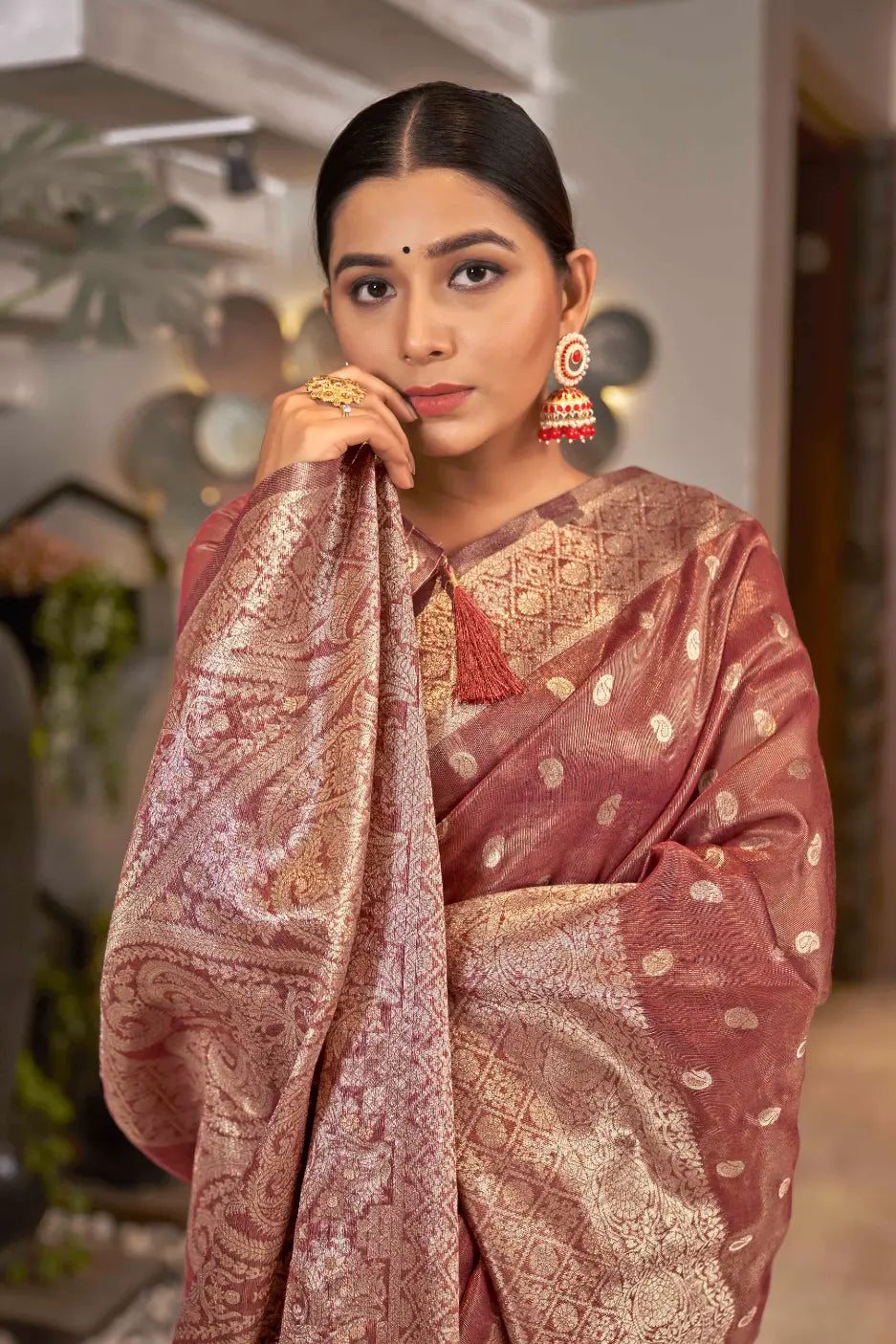 Rust Shimmer Silk Woven Trending Saree - Monjolika Fashion