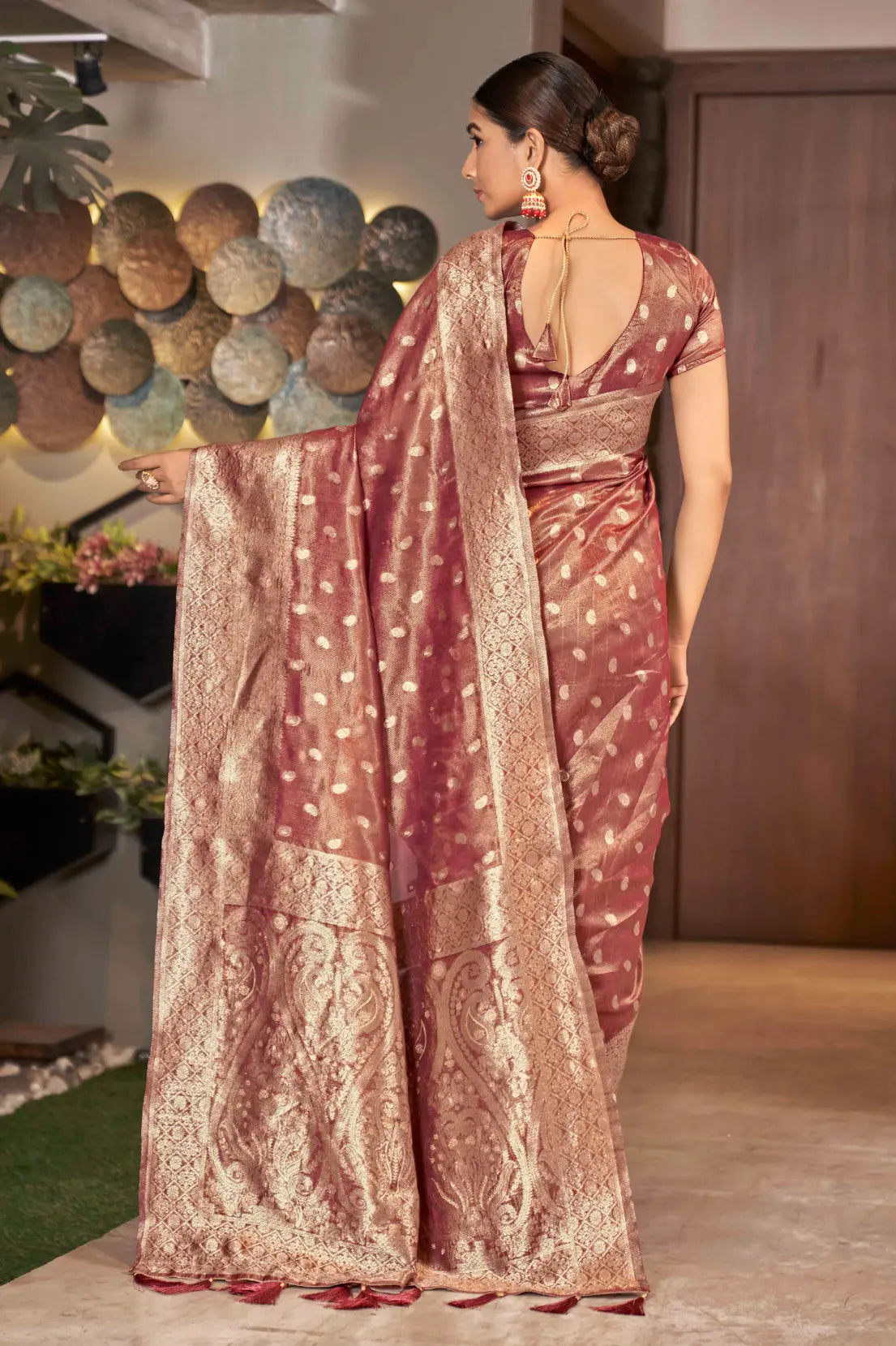 Rust Shimmer Silk Woven Trending Saree - Monjolika Fashion