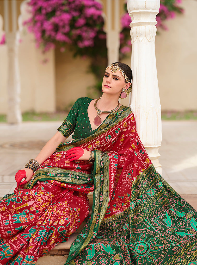 Red Silk Foil Print Saree