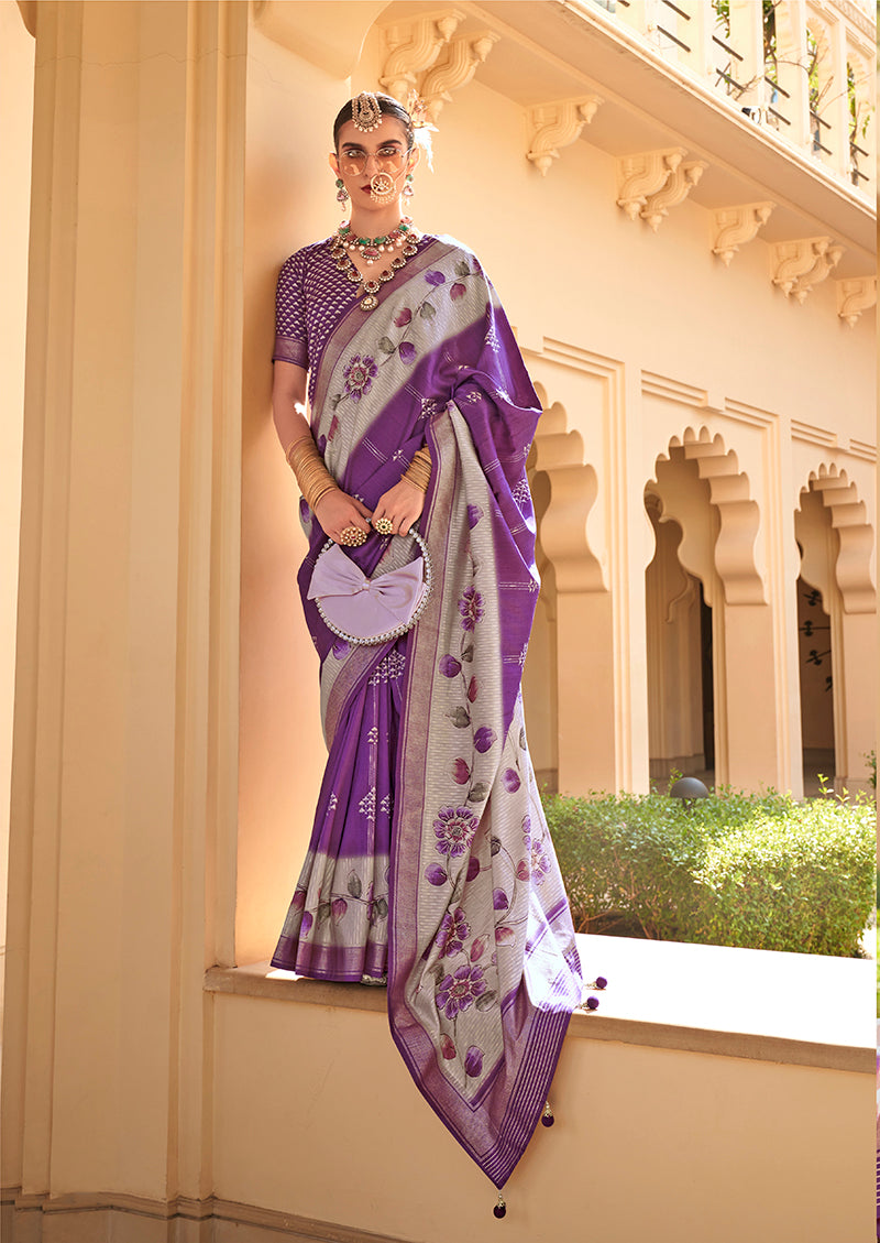 Purple Silk Foil Print Saree With Floral Pallu