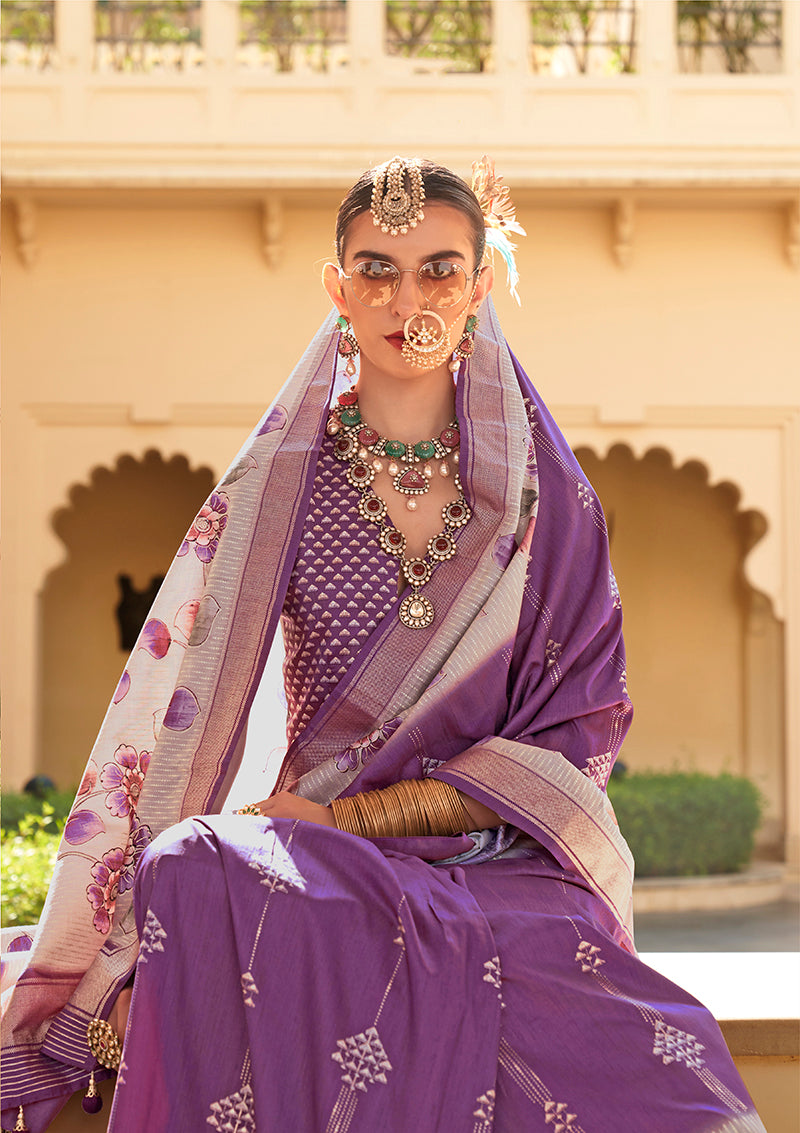 Purple Silk Foil Print Saree With Floral Pallu